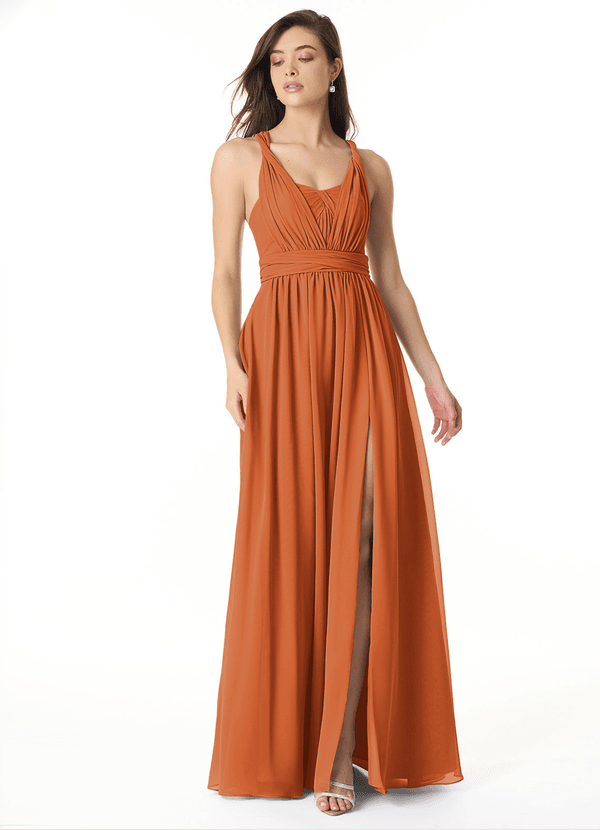 Azazie Olani Bridesmaid Dresses Cinnamon A-Line Off the Shoulder Chiffon Convertible Dress image1