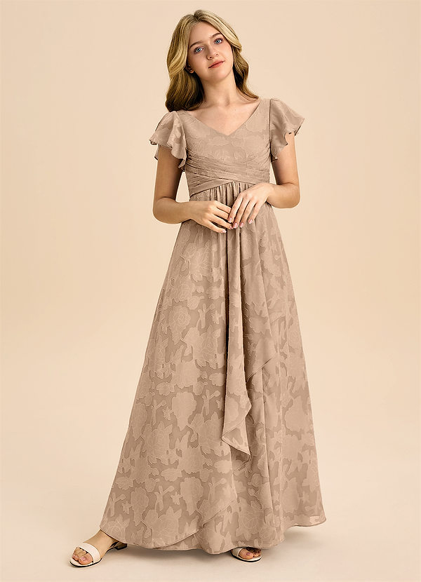 Azazie Omari Junior Champagne A-Line Pleated Floral Burnout Dress image1