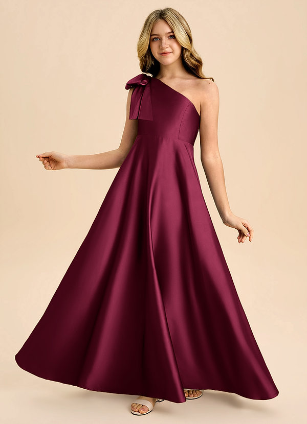 Azazie Penguin Junior Robe Trapèze en Satin extensible Nœud Bourgogne image1