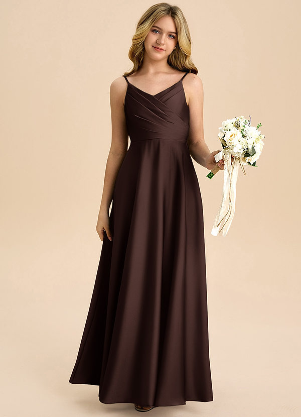 Azazie Bug Junior Robe Trapèze en Satin extensible Plissé Ganache image1