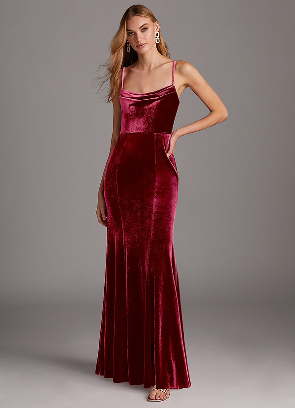 Azazie Solange Vestidos Dama de Honor Vestido de Borgoña de terciopelo de Corte Recto con Plisado image1