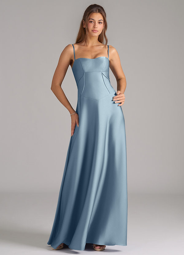 Azazie Valentine Vestidos Dama de Honor Vestido de Azul Polvoriento de Satén Elástico de Corte en A con Corsé image1