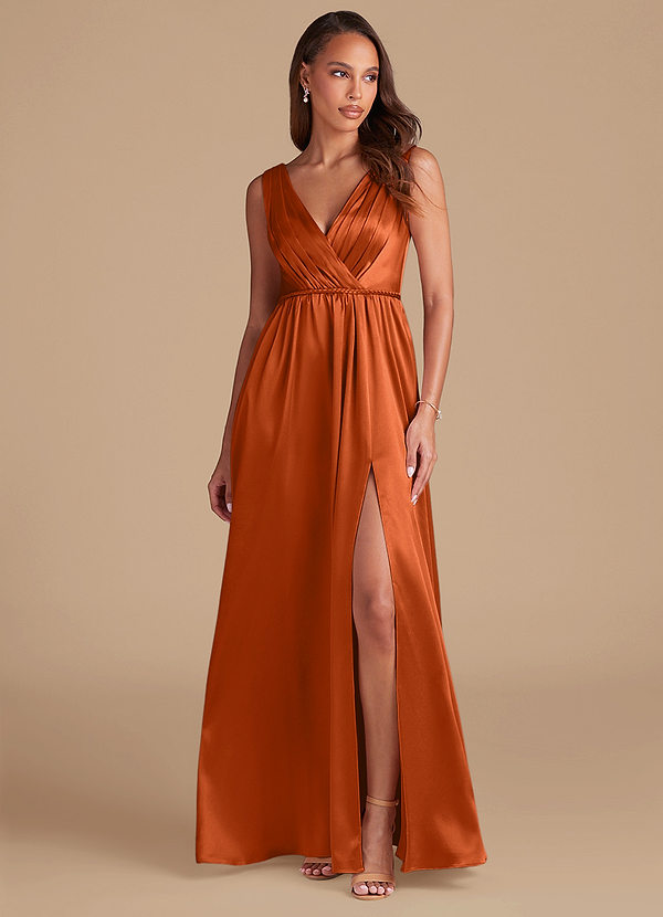 Azazie Tanicia Bridesmaid Dresses Burnt Orange A-Line Pleated Metallic Satin Dress image1