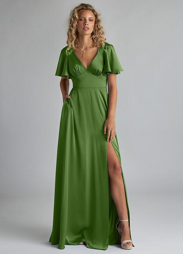 Azazie Kimber Bridesmaid Dresses Basil A-Line Ruched Stretch Satin Dress image1