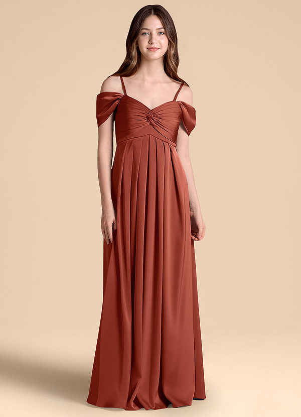 Azazie Kaitlynn Junior Terracotta A-Line Off the Shoulder Stretch Satin Dress image1