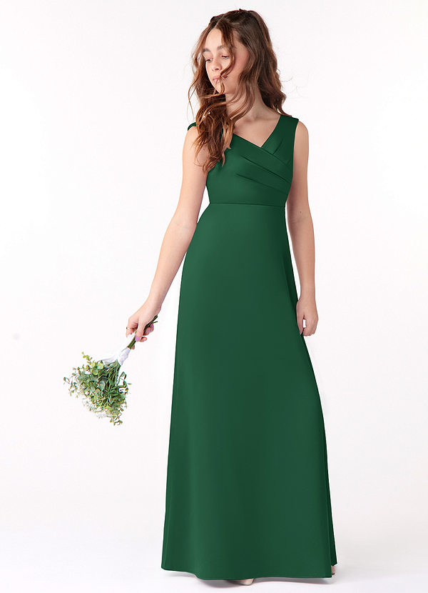 Azazie Sadia Vestido de Verde Oscuro de Satin Mate de Acampanado con Plisado image1