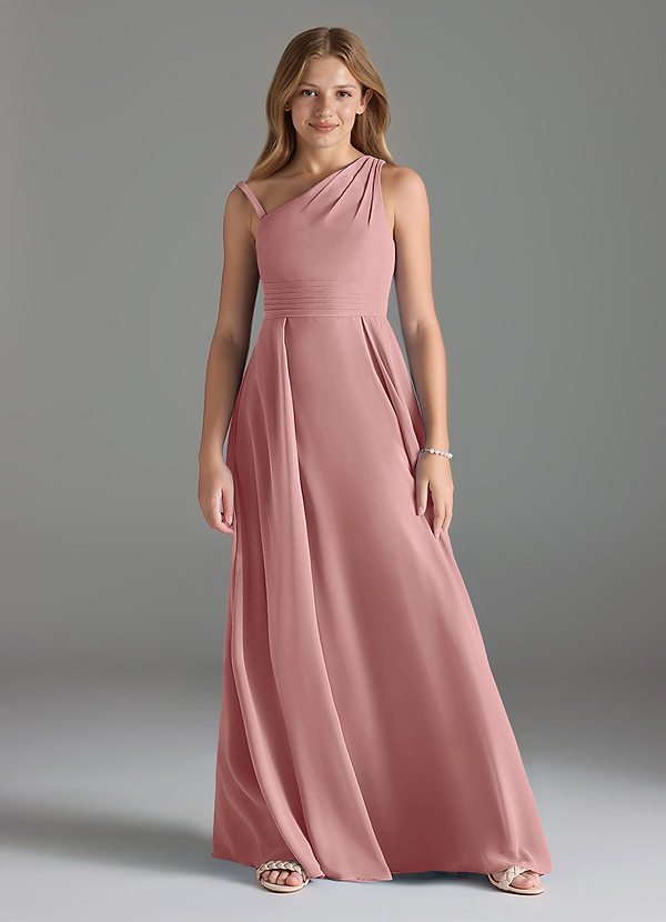 Azazie Dallas Junior A라인 주름진 쉬폰 플로어 길이 주니어 신부 들러리 드레스 image1