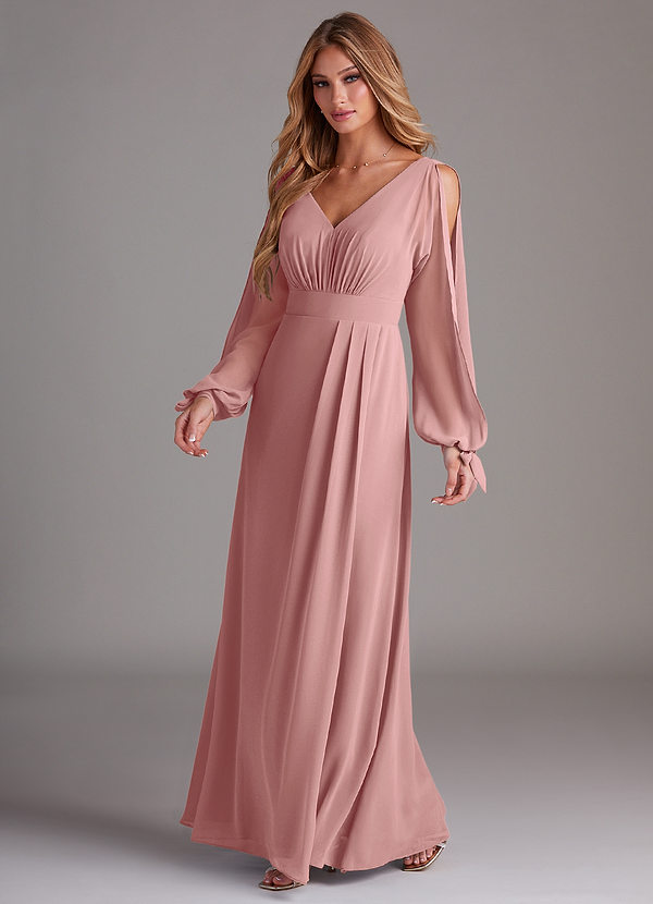 strapless open back dress Half Sleeves Dusty Pink Chiffon Lace Long Bridesmaid Dresses – ClaireBridal main image 0