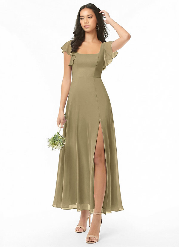 Azazie Bondi Brautjungfernkleider A-Linie Gestreift Chiffon Kleid Moosgrün image1