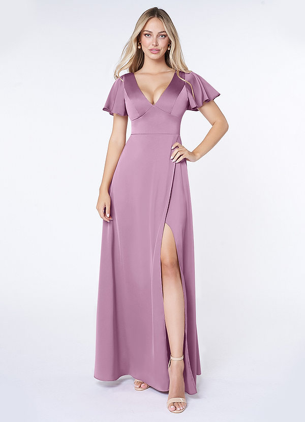Azazie Lani Bridesmaid Dresses Wisteria A-Line Flounce Sleeve Stretch Satin Dress image1