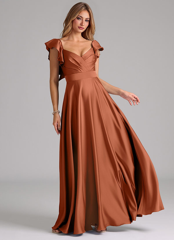 Azazie Leilani Bridesmaid Dresses Cedar Rose A-Line Ruched Stretch Satin Dress image1