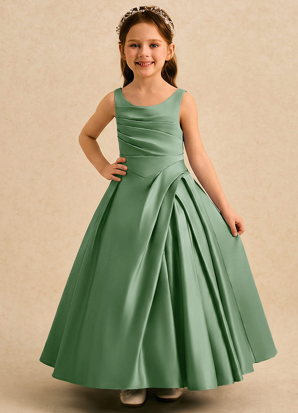 Azazie Audrey Robes de cortège enfant Robe Trapèze en Mat Satiné Plissée Matcha image1
