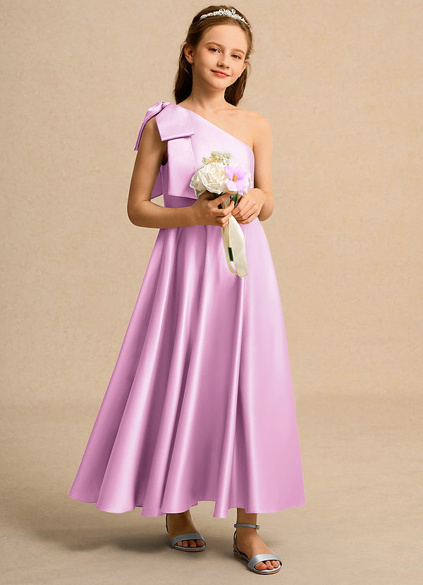 Azazie Guppy Junior Formal Vestidos de Niña de Flores Vestido de Rosa Caramelo de Satin Mate de Corte En A con Hombro unilateral image1