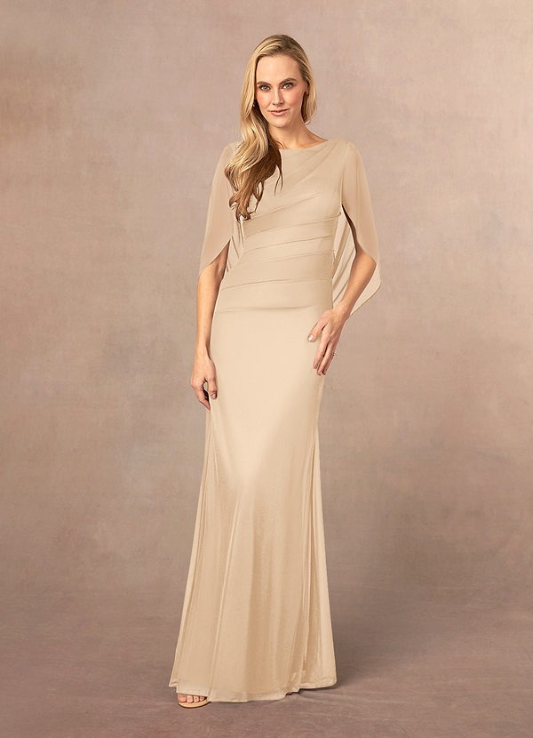 Azazie Belladonna Mother of the Brides Dresses Champagne Mermaid Scoop Pleated Mesh Dress image1