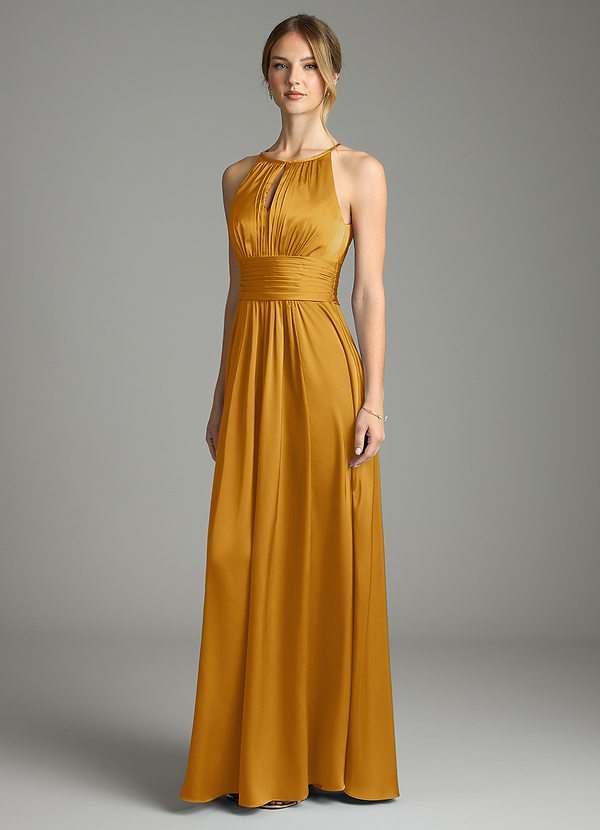 Azazie Bonnie Bridesmaid Dresses Butterscotch A-Line Pleated Stretch Satin Dress image1