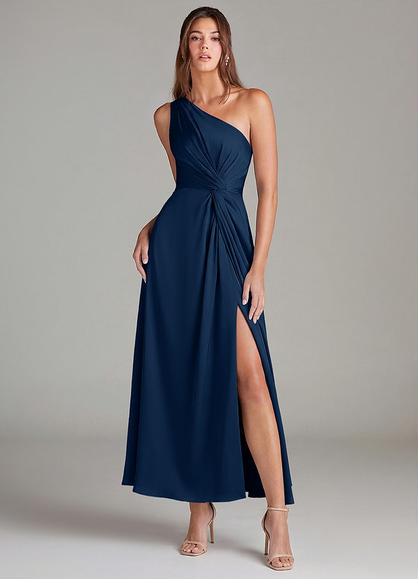 Azazie Brooke Vestidos Dama de Honor Vestido de Azul Marino Oscuro de Satén Elástico de Corte en A con Hombro unilateral image1