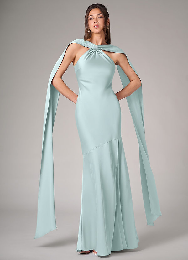 Azazie Kinsley Bruidsmeisjes Jurken Jurk van Stretch Satijn met Zeemeermin Zijsplit Zeeglas image1