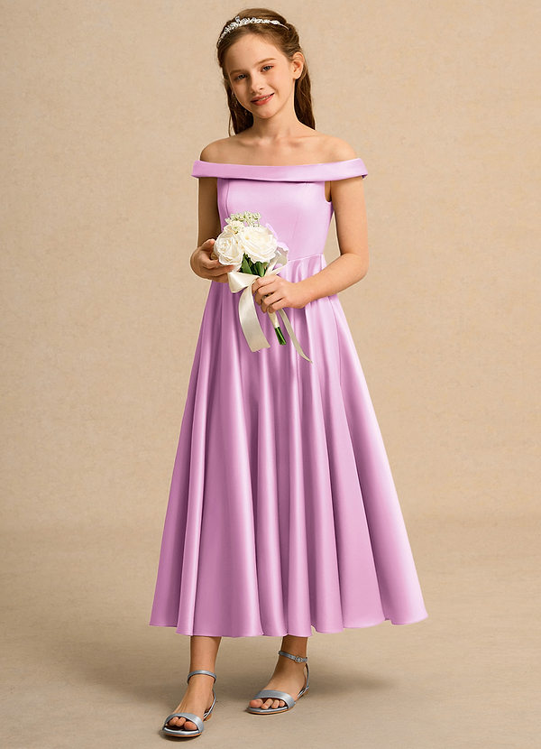 Azazie Teeny Junior Formal Vestidos de Niña de Flores Vestido de Rosa Caramelo de Satin Mate de Corte En A con Plisado image1