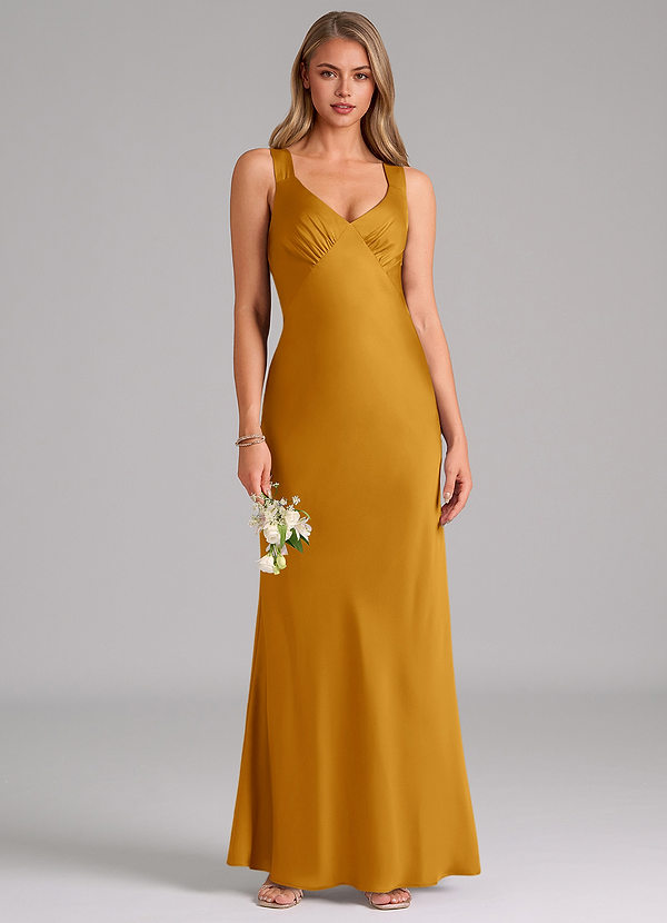 Azazie Kamila Bridesmaid Dresses Butterscotch A-Line Pleated Stretch Satin Dress image1
