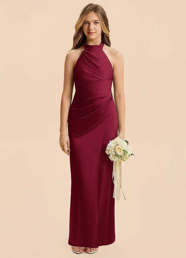 Azazie Jemma Junior Burgundy Sheath Ruched Stretch Satin Dress image1