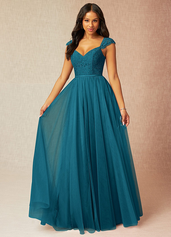 Azazie Luxi Bridesmaid Dresses Ink Blue A-Line Pleated Tulle Dress image1