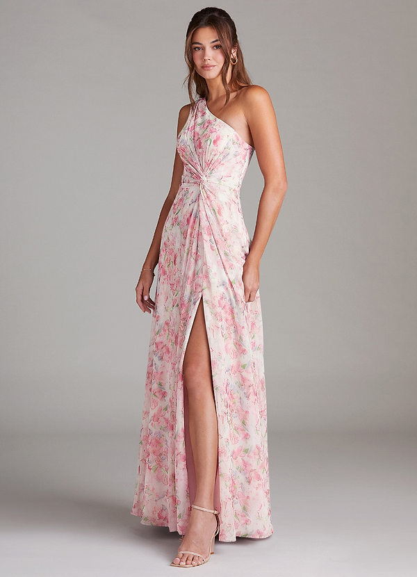 Azazie Brooke Vestidos Dama de Honor Vestido de Acuarela Abstracta Floral de Gasa de Corte en A con Hombro unilateral image1