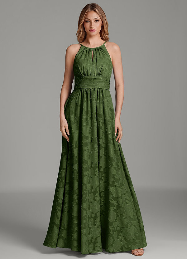 Azazie Bonnie Bridesmaid Dresses Olive A-Line Pleated Floral Burnout Dress image1