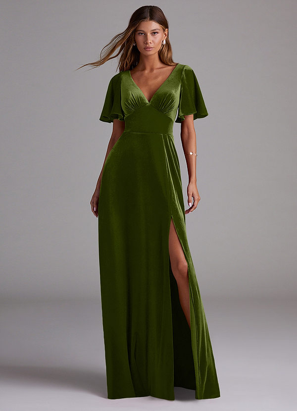 Azazie Kimber Bridesmaid Dresses Olive A-Line with Pockets Velvet Dress image1