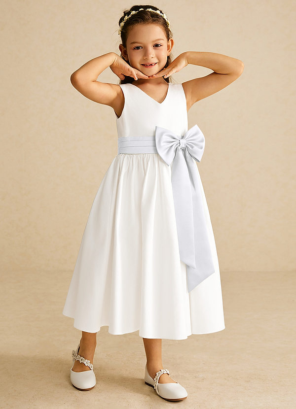 Azazie Darling Flower Girl Dresses Ivory White A-Line Bow Cotton Dress image1