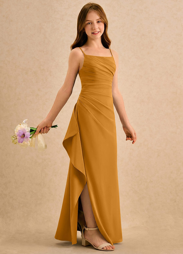 Azazie Cannoli Girls Formal Robes de cortège enfant Robe Trapèze en Mousseline de soie Plissée Caramel écossais image1