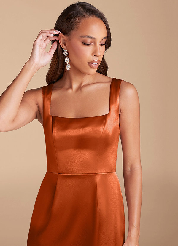 Azazie Flori Bridesmaid Dresses Burnt Orange Sheath Side Slit Metallic Satin Dress image1