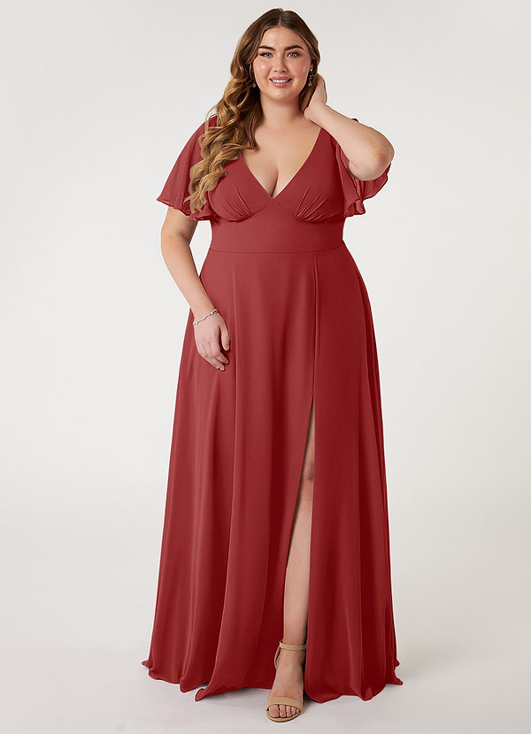 Azazie Kimber Bridesmaid Dresses Rust A-Line Flounce Sleeve Chiffon Dress image1