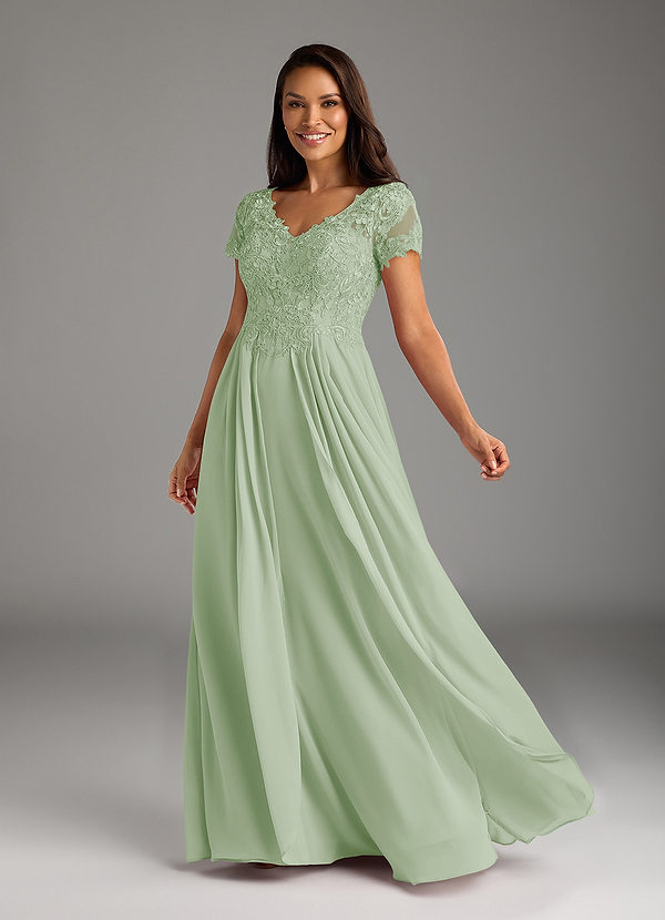 Azazie Dunja Robe Mère de la Mariée & du Marié Robe Trapèze en Mousseline de soie Col V en dentelle Vert Sauge image1