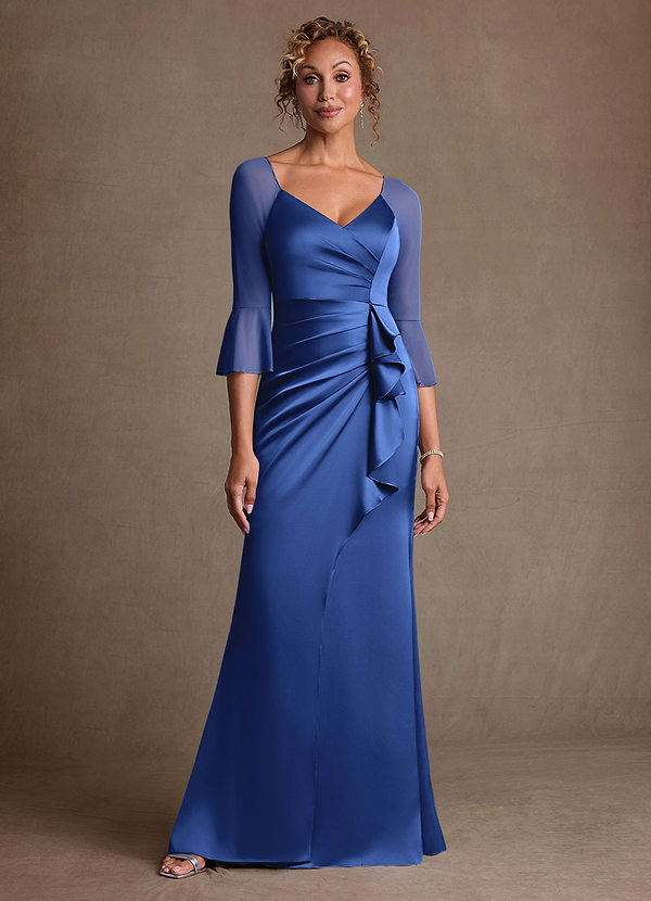 Azazie Nampa 신부의 어머니 드레스 쉬스 주름진 망사 플로어 길이 드레스 image1