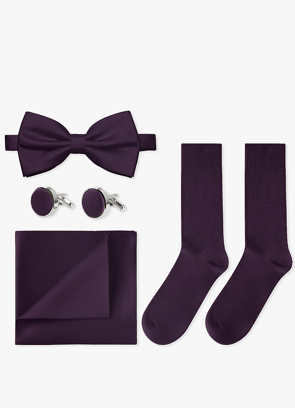 front Passendes Set aus Fliege, Einstecktuch, Manschettenknöpfen und Socken