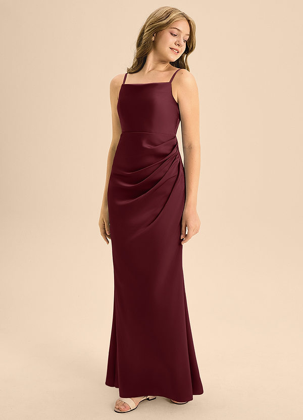 Azazie Renna Junior Vestido de Cabernet de Satén Elástico de Corte En A con Plisado image1