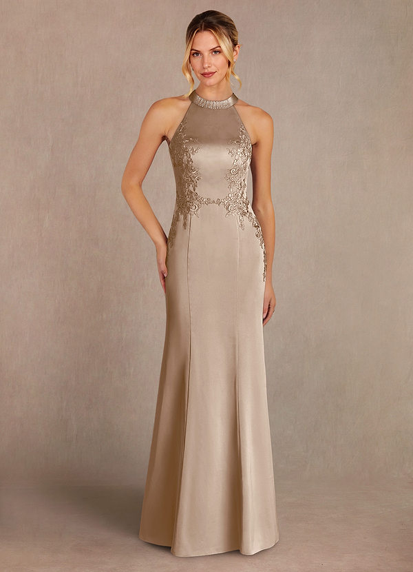Azazie Tyra Abiti da Mamma Sposa Abito Sirena in Raso Elasticizzato Pizzo Taupe image1