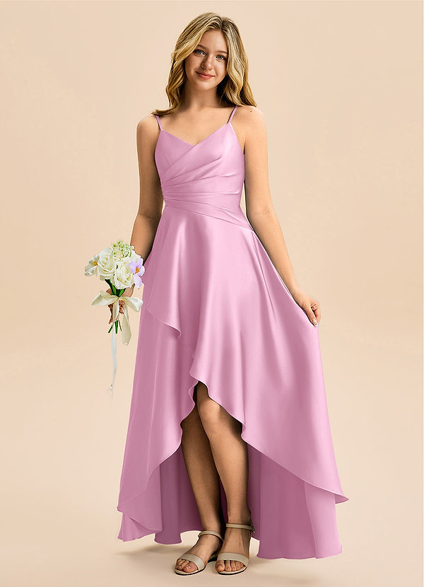 Azazie Eirlys Junior Candy Pink A-Line Pleated Stretch Satin Dress image1
