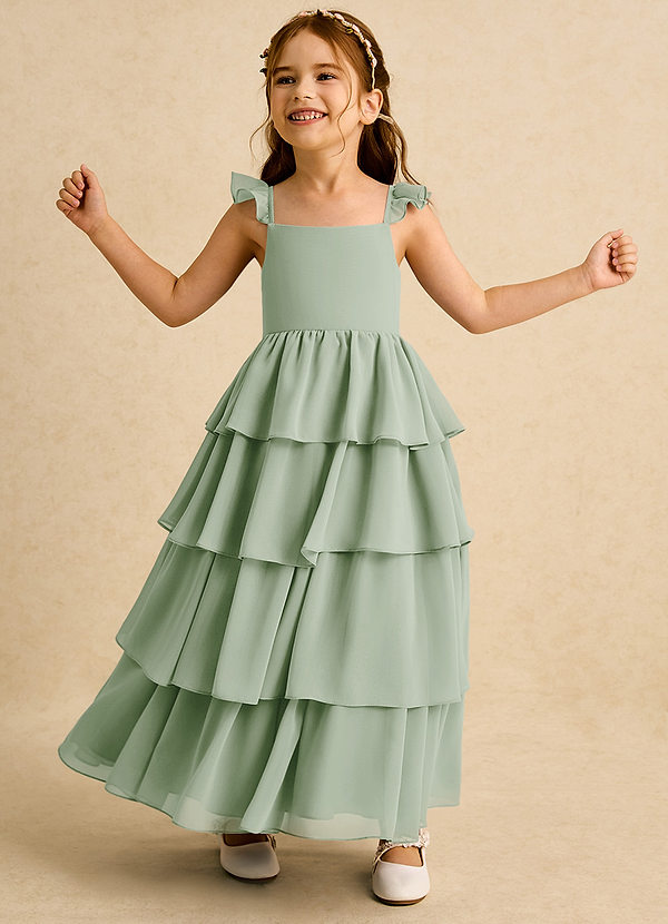 Azazie Boba Bloemenmeisjes Jurken A-Lijn Jurk van Chiffon Vierkante halslijn Stoffige Salie image1