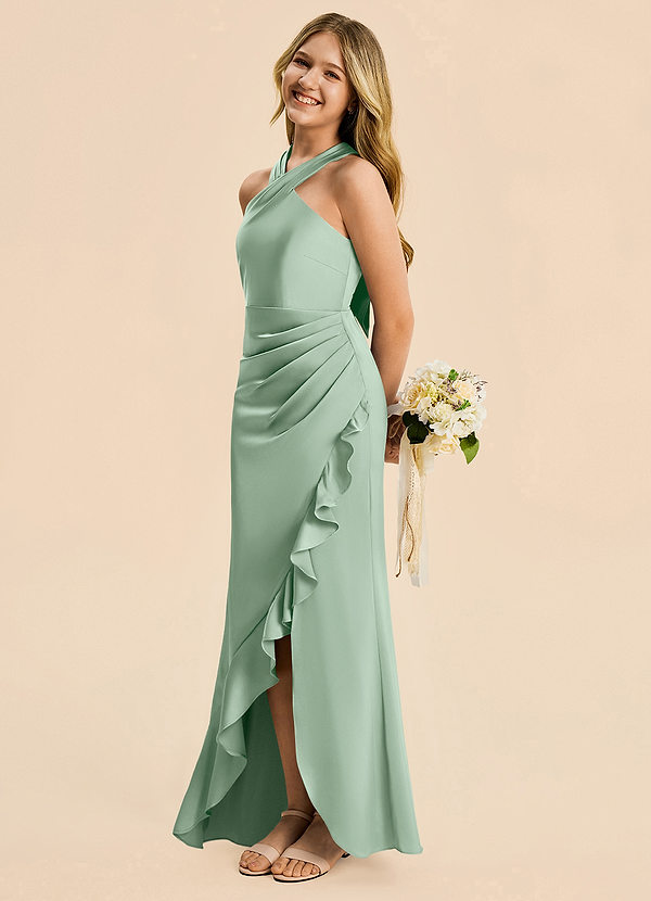 Azazie Thea Junior Agave Sheath Ruched Stretch Satin Dress image1