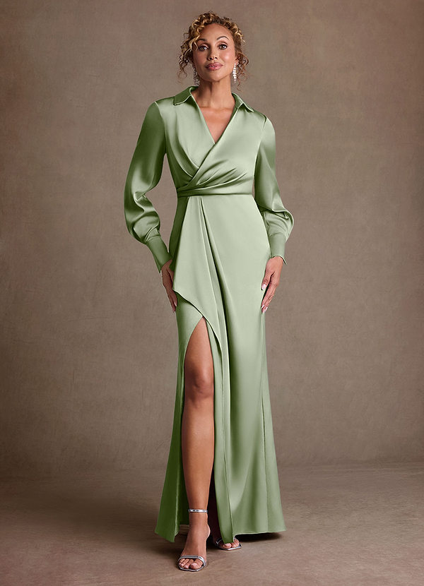 Azazie Jacinta Robe Mère de la Mariée & du Marié Robe Fourreau en Satin extensible Plissée Vert Sauge image1