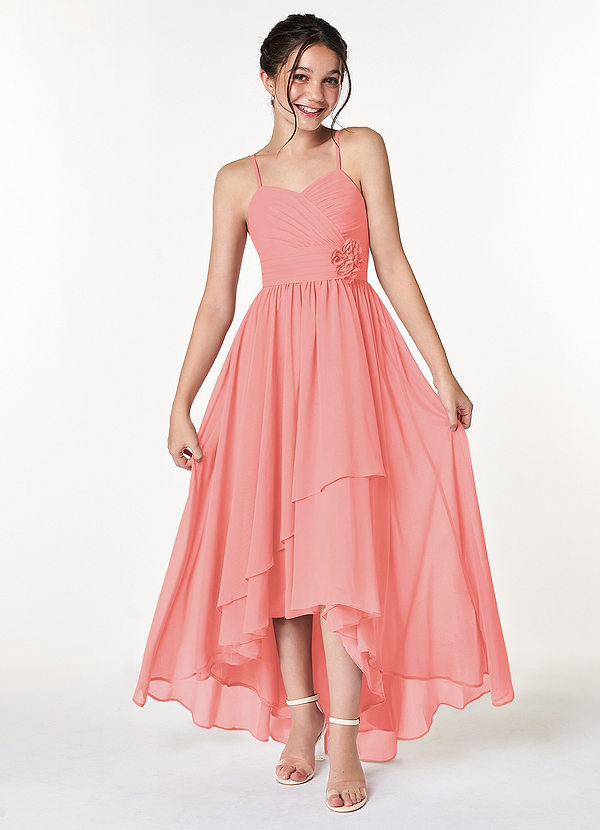 Azazie Catalina Junior Coral A-Line Ruched Chiffon Dress image1