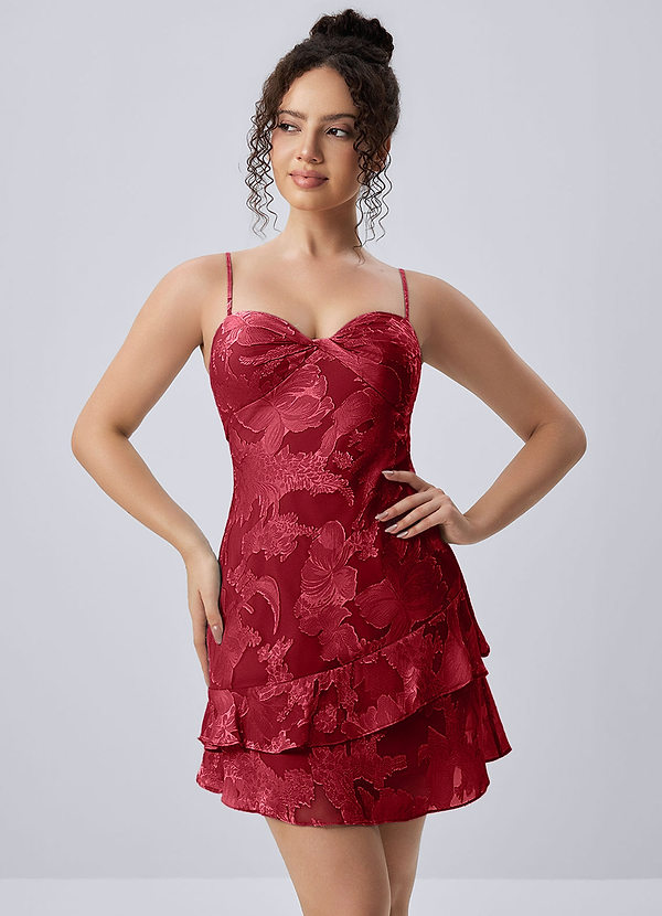 Hortense Rubinrot Spaghettiträger-Minikleid mit Blumenmuster, Rüschen und offenem Rücken image1