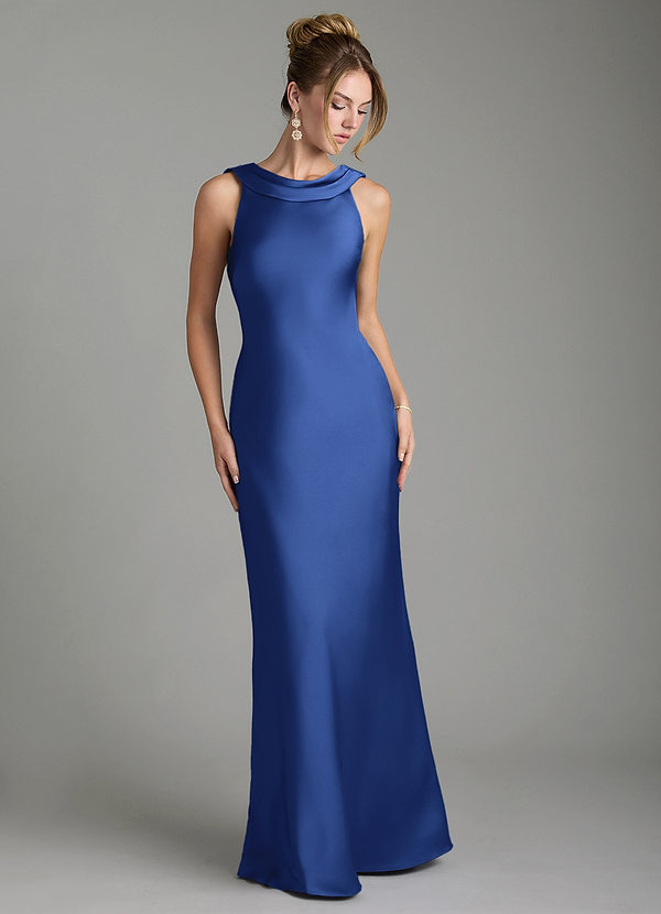 Azazie Aussie Bridesmaid Dresses Royal Blue Sheath Pleated Stretch Satin Dress image1