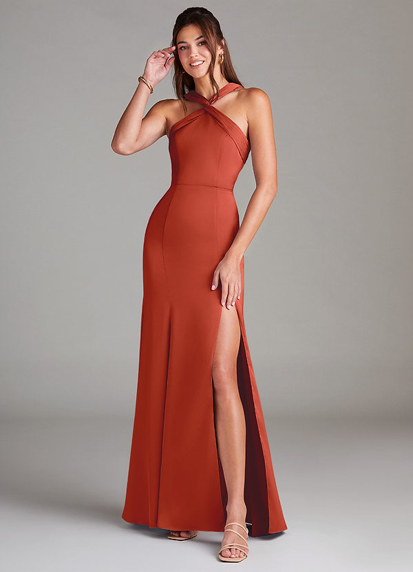 Azazie Rue Bridesmaid Dresses Rust A-Line Pleated Stretch Satin Dress image1