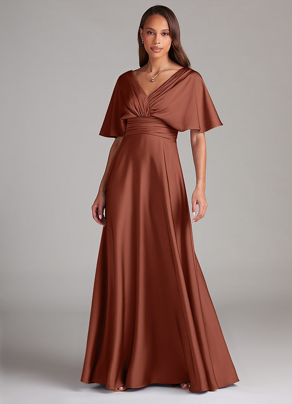 Azazie Pamela Robes Demoiselle d'honneur Robe Trapèze en Satin extensible Plissée Argile image1