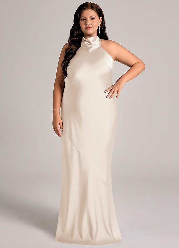 Azazie Velli Vestidos Dama de Honor Vestido de Alabastro Blanco de Satén Elástico de Corte Sirena con Cuello Alto image1