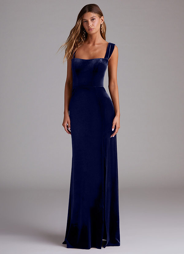 Azazie Junia Vestidos Dama de Honor Vestido de Azul Marino Oscuro de terciopelo de Corte Recto Convertible con Vestidos sin tirantes image1