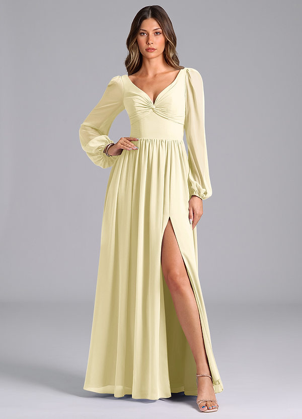Azazie Teri Robes Demoiselle d'honneur Robe Trapèze en Mousseline de soie Manche longue Sorbet Citron image1