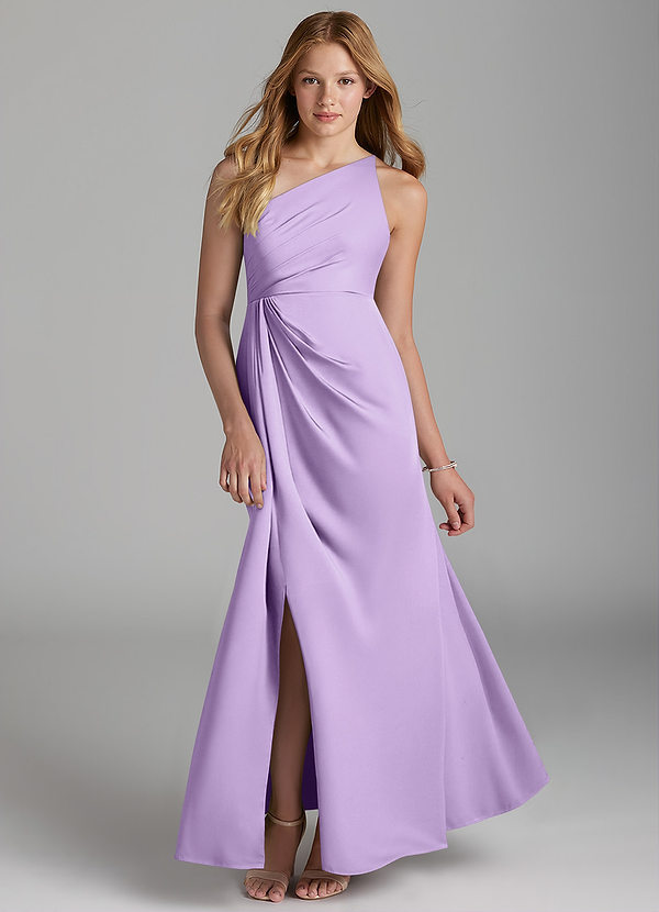 Azazie Mika Junior Robe Trapèze en Satin extensible Plissée Lilas image1